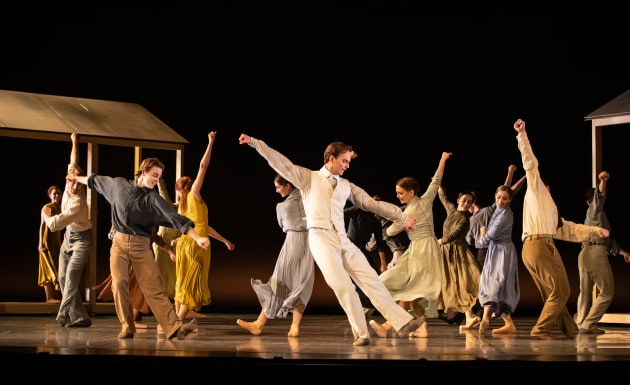 Victor Est&eacute;vez (front) in a scene from 'My Brilliant Career'. Photo by David Kelly.