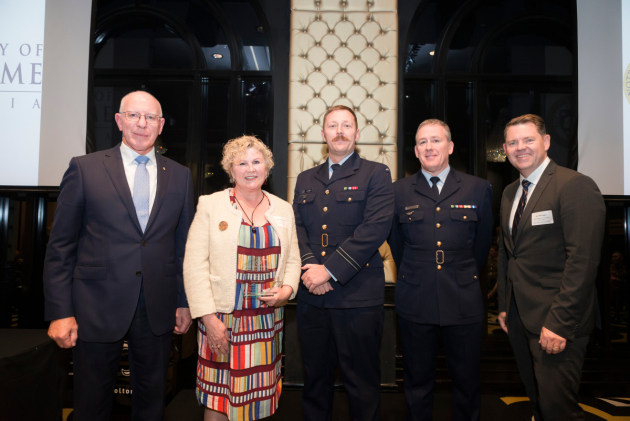 Gen David Hurley (Ret&rsquo;d), Deputy Vice Chancellor University of Notre Dame Professor Margot Kearnes, Flight Lieutenant Tryon Francis and Wing Commander Andrew Read Jones, and Chair Defence Reserves Support Council NSW James Digges. Credit: Defence