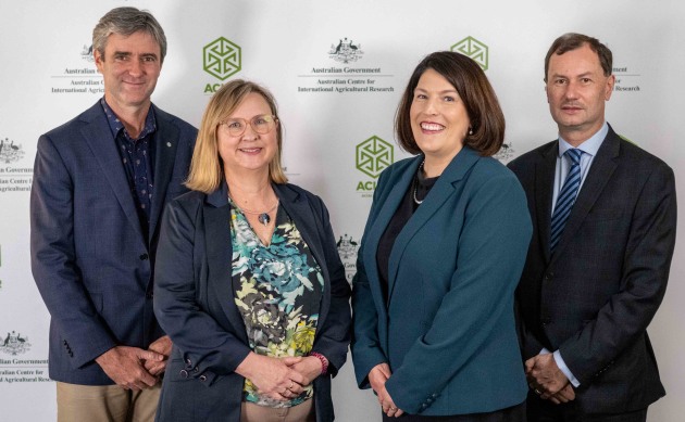 ACIAR CEO Prof Wendy Umberger (centre right) with Dr James Quilty (left), General Manager, Research; Ms Laura Timmins (centre left), General Manager, Partnerships; and Mr Paul Morgan (right), General Manager, Corporate.
Source: ACIAR
