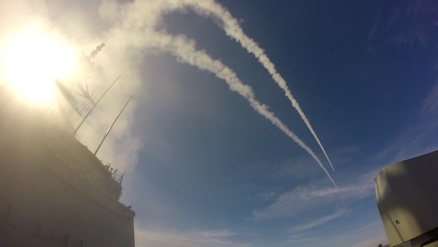 Two Evolved Sea Sparrow Missiles (ESSM) are fired from HMAS Hobart during test firings off the US West coast. Defence