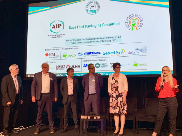Nerida Kelton, AIP executive director announces the AIP's lead on the Fight Food Waste CRC project, while (from left) partner representatives look on: keith Chessell (APCO), David Kilpatrick (ZipForm Packaging); Alan Adams (Sealed Air), Michael Dossor (Result Packaging) and Karli Veghese (RMIT).