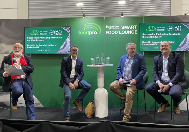 Sustainable meat packaging panel: Ralph Moyle (moderator); Alan Adams, SEE; Jasson Mills, Amcor Flexibles; Warwick Armstrong, Plantic Technologies.