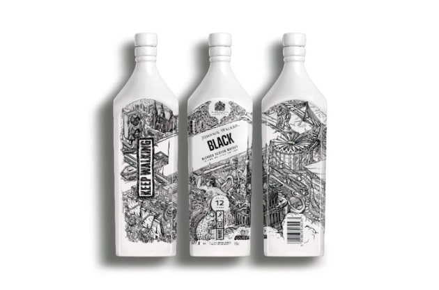 Each bespoke bottle showcases the &lsquo;Keep Walking&rsquo; spirit of the six cities, with labels created using an ink made from air pollution by recycling carbon emissions.  
Image - Diageo