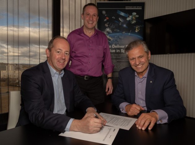Nicolas Chamussy, Head of Space Systems, Airbus, Peter Nikoloff, Executive Director, co-founder and Senior Weapons System Engineer, Nova Group and Professor Andy Koronios, Dean Industry and Enterprise, UniSA announce the CRC commitment. Credit: Airbus