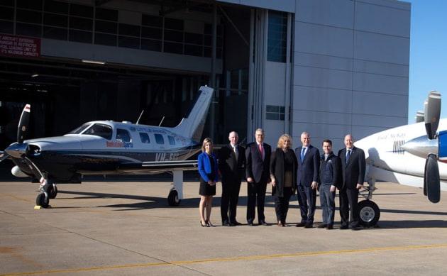 From left to right: Richelle Koller, CEO Little Wings; Mick Frewen, CEO CareFlight; Jason Harfield, CEO Airservices Australia; 
Marjorie Pagani, CEO Angel Flight; The Hon Michael McCormack, Deputy PM and Minister for Infrastructure & Transport; Martin Laverty, CEO Royal Flying Doctor Service; Hon Robert Borbidge, Chairman LifeFlight