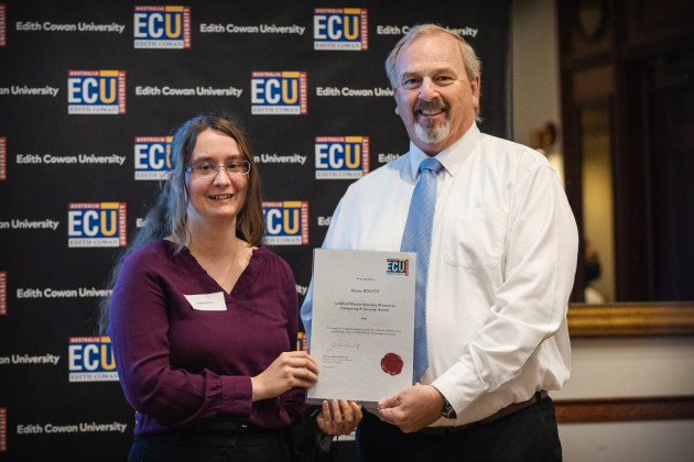 Lockheed Martin Australia&rsquo;s Rotary and Mission Systems Program Manager, Russell Page, presents the Lockheed Martin Australia Women in Computing and Security Award to Edith Cowan University student, Alyssa Booth. (Supplied)
