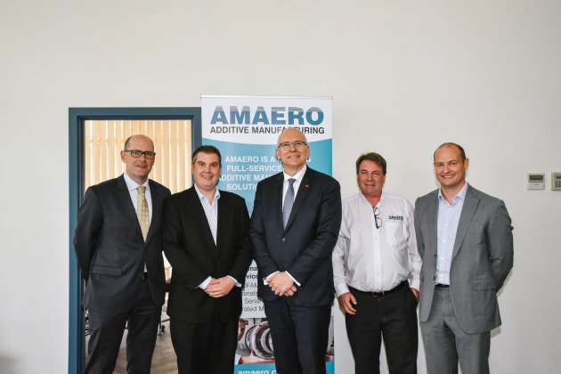 Dr Stephen Rodda, Executive Director, Innovation and Commercial at the University of Adelaide, Mayor Glenn Docherty of the Playford Council, David Pisoni, Minister for Innovation and Skills, Barrie Finnin, CEO of Amaero, Tom Kenyon, General Manager of Innovys.
Supplied