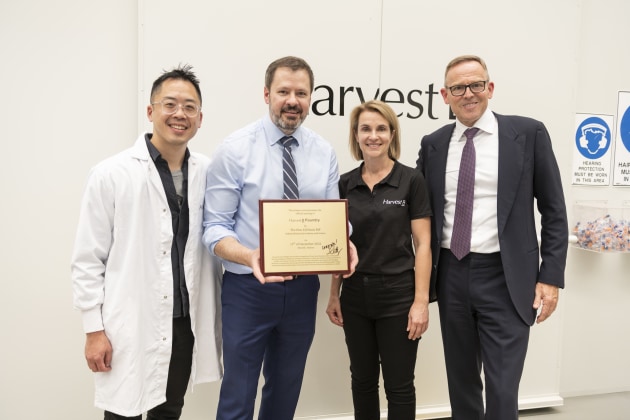 Australia's first plant-based meat ingredients facility has been launched by Harvest B. L-R: Co-founder/CCO Alfred Lo, federal industry minister Ed Husic, Co-founder/CEO Kristi Riordan, AMGC managing director Jens Goennemann.