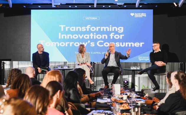 AMI + T Garage innovation seminar (l-r): T Garage partner and director of Strategy, Jed Simpfendorfer, Kraft Heinz chief Marketing and Category officer APAC Developed Markets, Michael Magee, Asahi Beverages GM of Innovation and Disruption, Susie White, Perfection Fresh chief Marketing and Innovation officer, Luke Gibson, and . (Image: AMI)