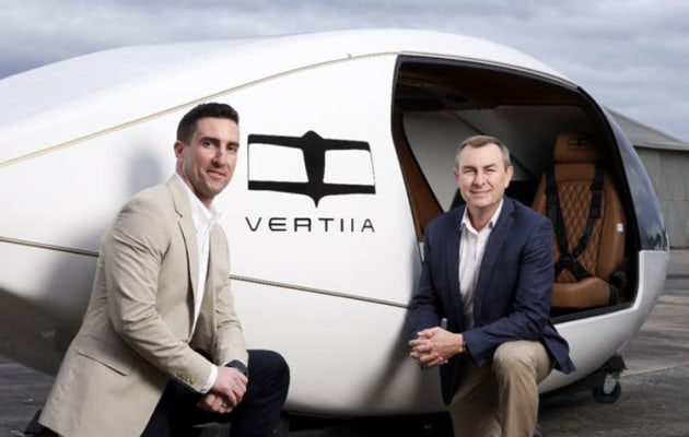 New AMSL CEO Dr Adriano Di Pietro (left) and chair Chris Smallhorn with a mock-up of a Vertiia cabin. (AMSL Aero)