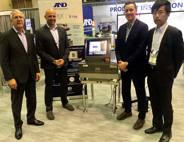 A& D Inspection team at the Pack Expo launch (from left): Terry Duesterhoeft, president and CEO - Americas; Julian Horsley, Australian business manager; Daniel Cannistraci, product manager Inspection Systems; Daisuke Shibazaki; global sales manager, Inspection Systems.