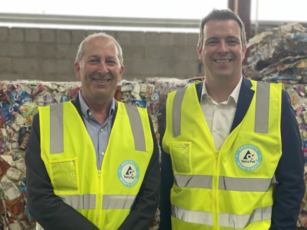 Retired MD Andrew Pooch with new MD Boris Munster at the saveBOARD beverage carton recycling facility launch in NSW earlier this year. (Image: Lindy Hughson/PKN)