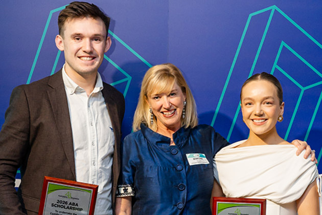 Andrew Rennie (left) and Ola Wicik (right) have won fully funded places to study towards formal packaging qualifications, announced at the 2026 PIDA Awards in Melbourne. The award was presented by Martine Poulain, CEO, ABA (centre).