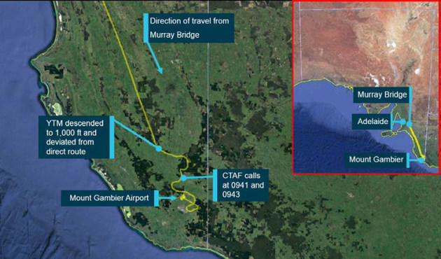 The path of VH-YTM as the pilot positioned the aircraft for landing. (ATSB)