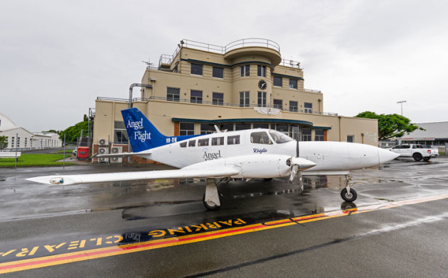 Angel Flight's C402 "Kayla" outside the control tower at Archerfield Airport, where it will be based. (Angel Flight)