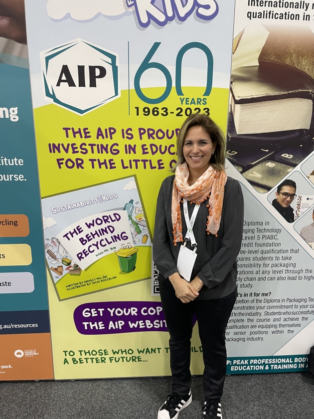 Anhely Milan, Sustainability for Kids founder and author of The World behind Recycling, on the AIP stand.