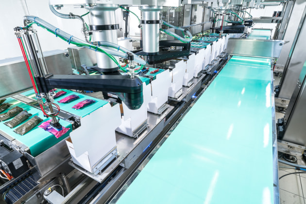Ten infeed belts bring the ice cream &ldquo;on a stick&rdquo; to the pick-and-place robots in offline operation.