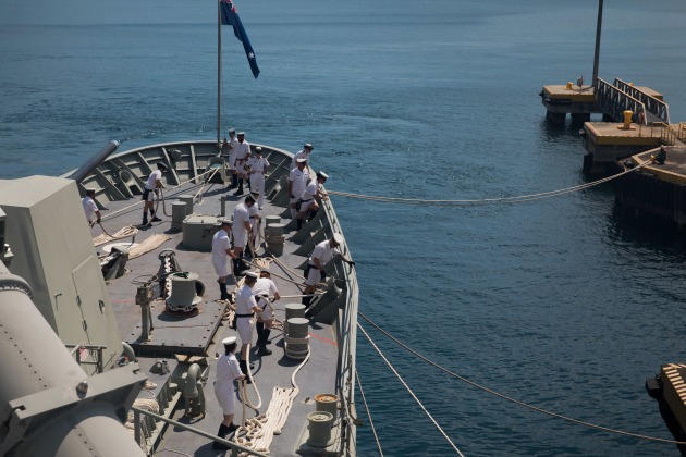 HMAS Anzac's crew prepare the ship for departure from Subic Bay in the Philippines during their South East Asia Deployment. Credit: Defence