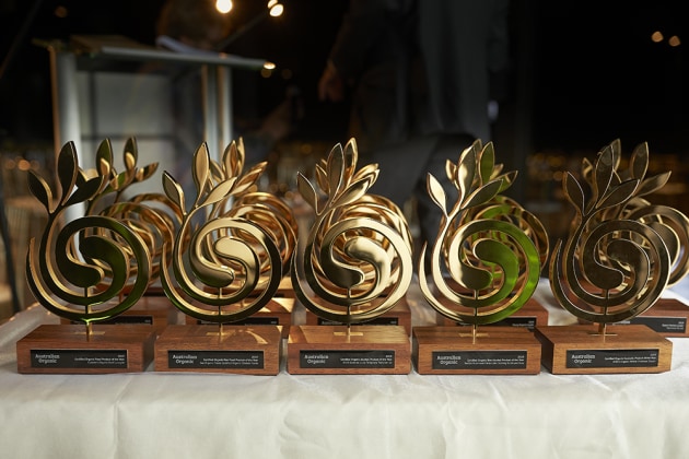 Australian Organic Industry Awards trophies for 2019.