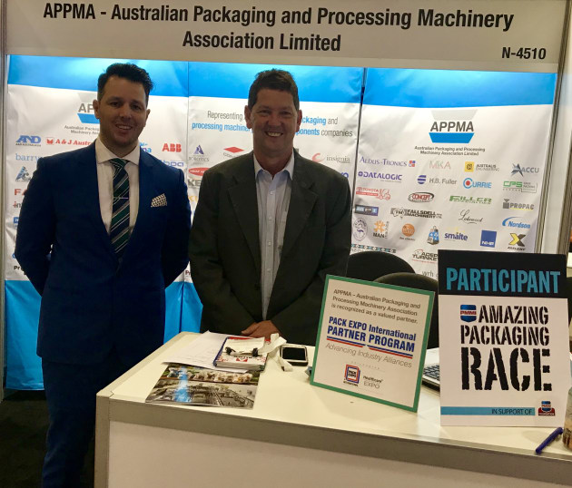 Call of duty: Manning the Australian Packaging and Processing Machinery Association stand, Chris Carrero from AUSPACK and Michael Moran, APPMA COO.
