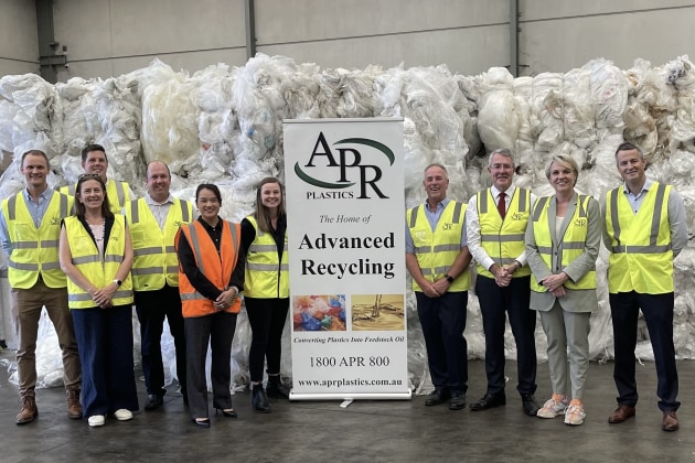 Environment Minister Tanya Plibersek (second from right) visits the APR Plastics recycling facility in Dandenong South, Victoria.