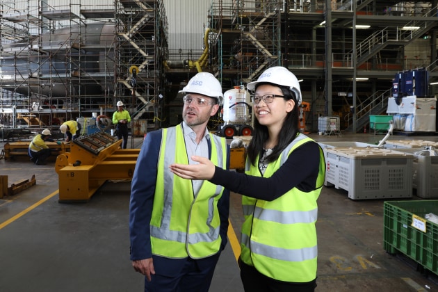 Dan Sage of ASC and Nicole Tang pictured at ASC&rsquo;s submarine deep maintenance facility at the Osborne Naval Shipyard.
ASC