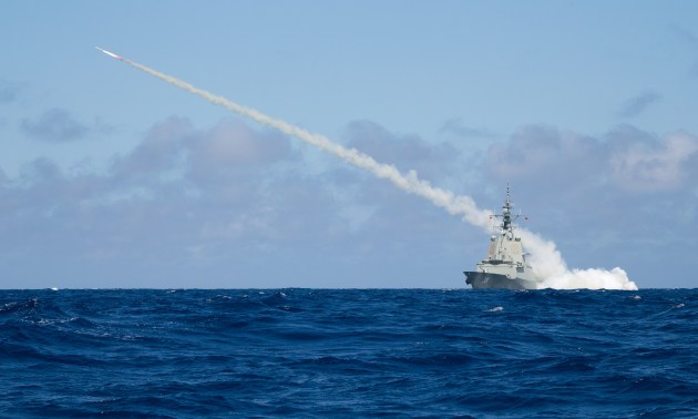 Air Warfare Destroyer HMAS Hobart successfully fires a Harpoon Blast Test Vehicle. Credit: Defence
