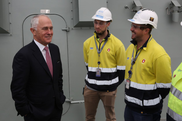 Prime Minister Malcolm Turnbull speaks with Air Warfare Destroyer shipbuilders during a tour of HMAS Hobart. Credit: Defence