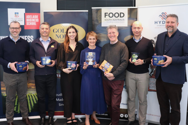 Food South Australia has launched a first-of-its-kind AI-powered search tool, AskSASI. L-R: Dr Armando Corsi (Adelaide Business School), Peter Adamo (Golden North Ice Cream), Dr Rebecca Dolan (Adelaide Business School), Annabel Mugford (Food SA), Dr Jonathan Middis (End Food Waste Australia), Dimi Kyriazis (Golden North Ice Cream), Darren Oemcke (Hydra Consulting). (Source: Food South Australia)