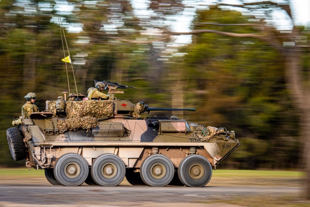 An Australian Light Armoured Vehicle is seen driving to the Wide Bay Training Area, Queensland.
Defence