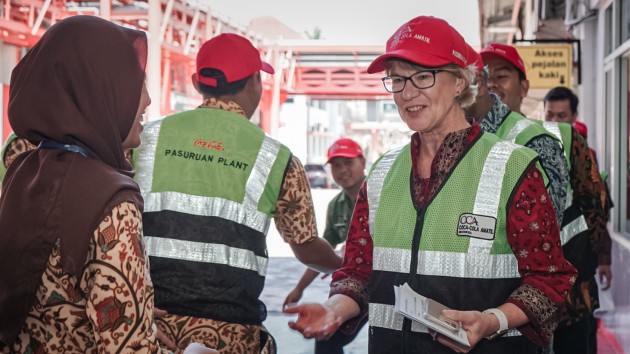 Group Managing Director Alison Watkins at the inauguration of the Affordable Single Serve Pack (ASSP) line at Coca-Cola Amatil Indonesia's Pasuruan plant. Expansion into Asia is a goal for CCEP from the proposed deal.