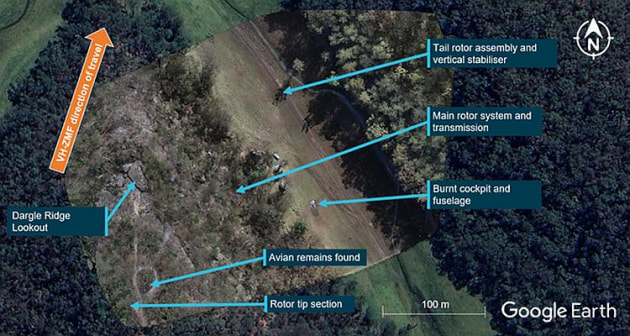 An aerial view of the crash site showing the location of the bird carcass. (Google Earth annotated by the ATSB)