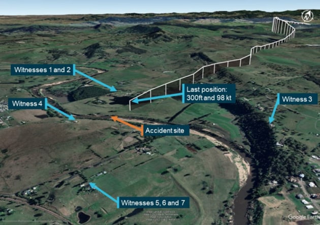 The final track of VH-PHP before it collided with a river bank. (Google Earth annotated by the ATSB)