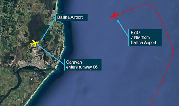 The path of the B737 and take-off roll of the Caravan at Ballina. (Google Earth annotated by the ATSB)