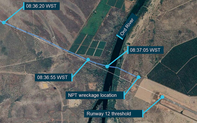 The path of Baron VH-NPT as it approached Kununurra. (ATSB)