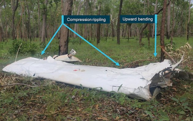 The twisted right wing of VH-TFT, which was found 300 m away from the main wreckage. (ATSB)
