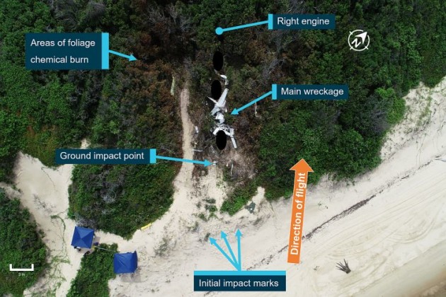 Crash site of VH-OZO at Lockhart River. (Google Earth annotated by the ATSB)