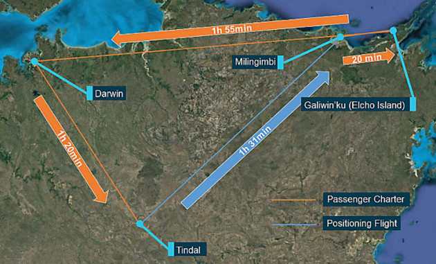 The planned flight. The aircraft encountered turbulence on the Darwin-Tindal leg. (Google Earth modified by the ATSB)