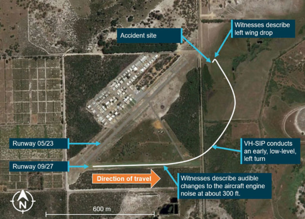 A Google Earth image showing the flight path and subsequent impact point of VH-SIP at Serpentine, WA. (Google Earth annotated by the ATSB)