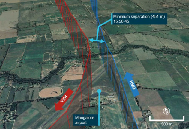 The paths of YXH and HMQ over Mangalore. (Google Earth annotated by the ATSB)