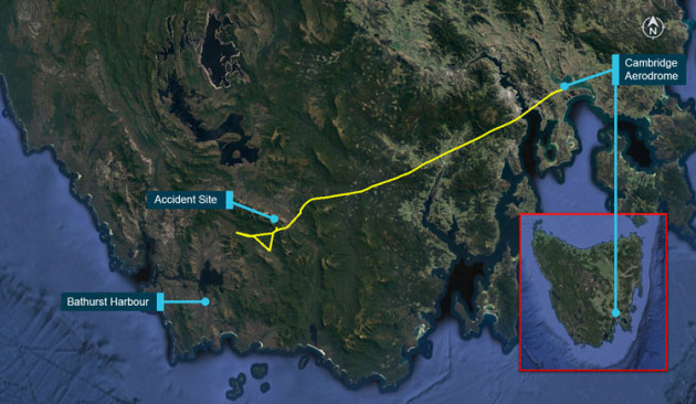The route of the Islander before colliding with terrain near Bathurst Habour, Tasmania. (Google Earth image annotated by the ATSB)