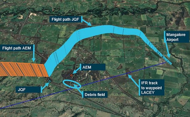 The paths of JQF and AEM in the vicinity of Mangalore Airport. (Google Earth annotated by the ATSB)