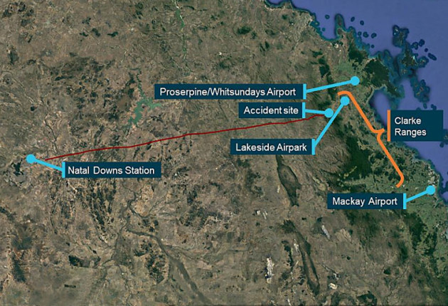 The flight path of VH-PXR prior to the crash. (Google Earth annotated  by the ATSB)