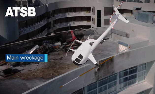 An impression of the impact of VH-ERH on the hotel roof taken from an ATSB video. (ATSB)