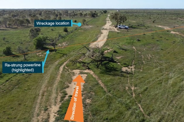 The R44 crash site at Steam Plains. Note the powerline is visible in this shot only after ATSB highlighting. (ATSB)