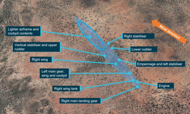 The crash site of XWI showing a classic mid-flight break-up pattern. (Google Earth annotated by the ATSB)