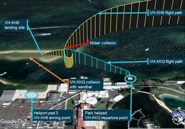 This illustration shows the flight paths of XH9 and XKQ, and the relative positions of the two helipads. (Google Earth annotated by the ATSB)