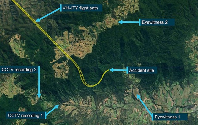 The flight path of VH-JTY prior to the crash. (Google Earth annotated by the ATSB)