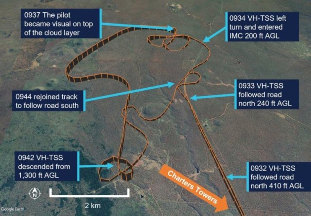The track of VH-TSS before colliding with trees. (Google Earth annotated by the ATSB)