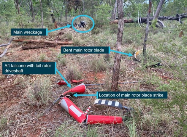 The crash site of VH-DLD 3.3 nm from Gorrie Station. (NT Police annotated by the ATSB)